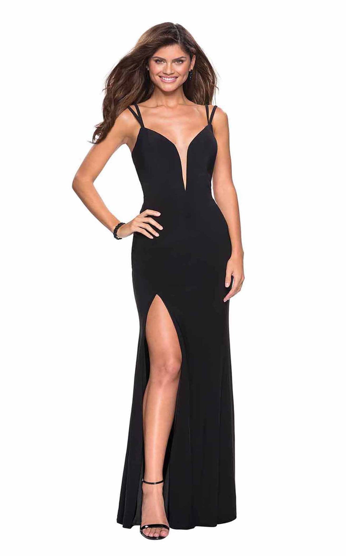 On sale NEW La Femme Black Plunge Neck A-Line Formal Side Slit Gown Sleeveless Size 12