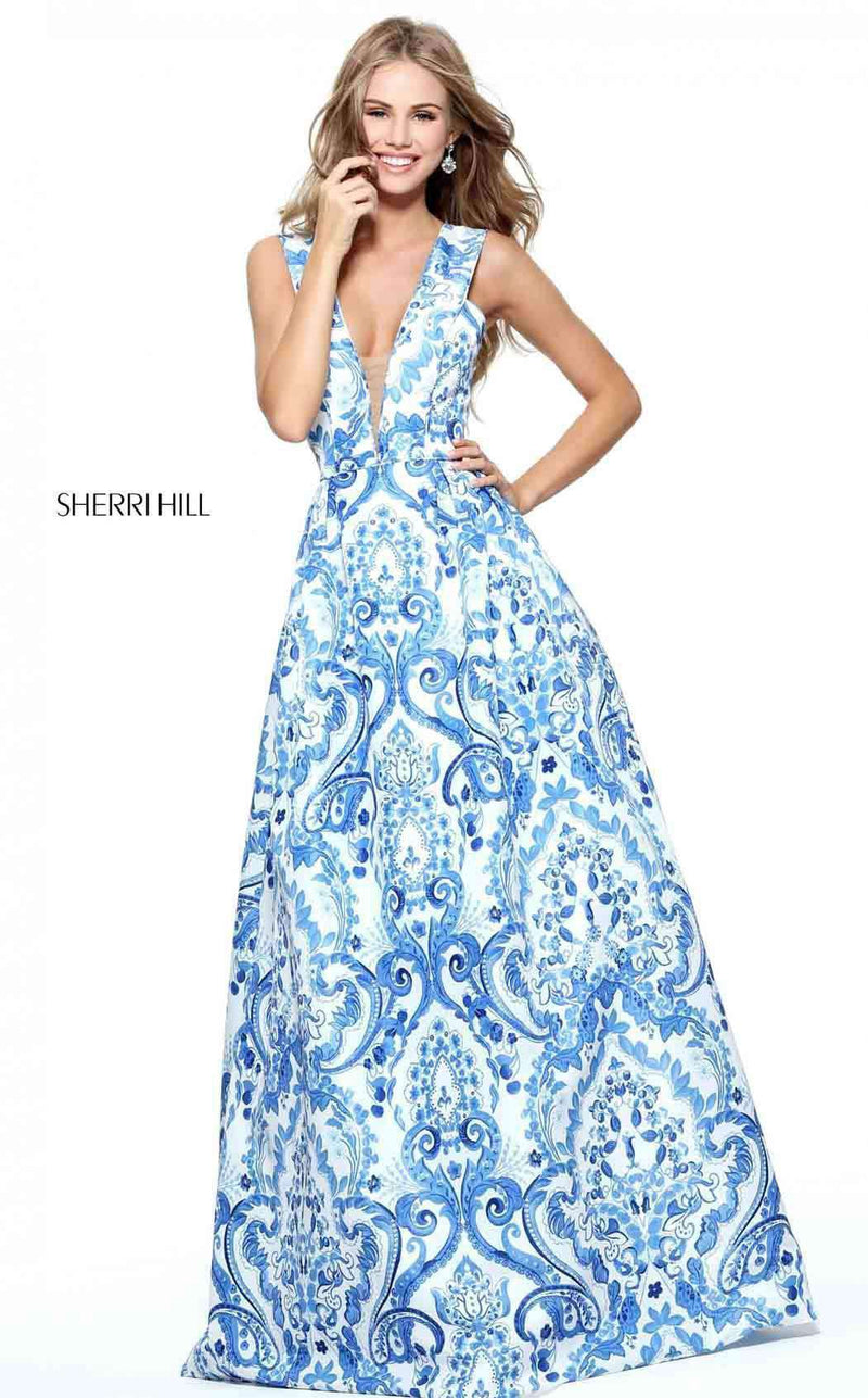 Sherri Hill 51014 Blue/Ivory Print