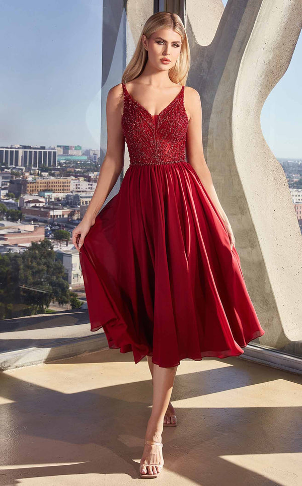Burgundy Lace Overlay Knee-Length Dress