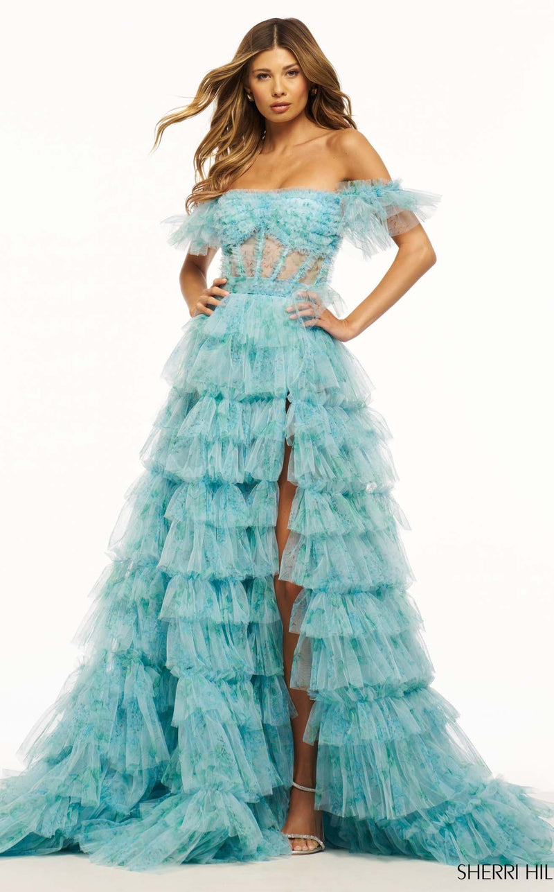 Sherri Hill 56074 Aqua Print